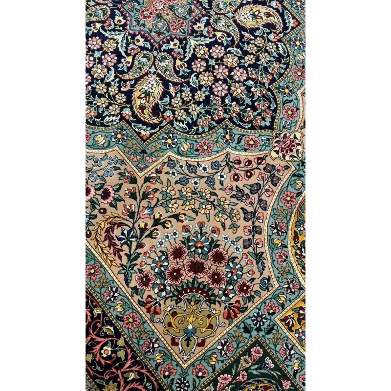 Elegant Samavie Persian Rug – A full view of the Samavie Persian rug laid flat, showcasing its symmetrical design, vibrant colors, and fine details that make it a unique, hand-knotted masterpiece.