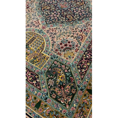 Corner Detail of Samavie Persian Rug – A close-up shot of the corner of the Samavie Persian rug, highlighting the intricate floral design and vibrant color contrasts in the wool and silk blend.