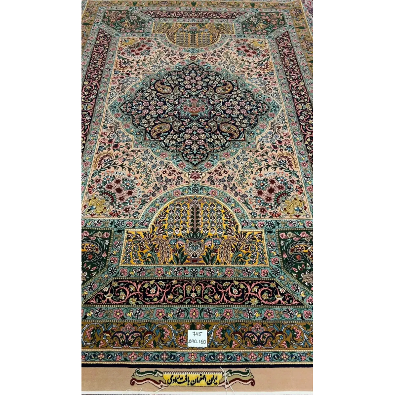 Hand-knotted Samavie Persian Rug – A detailed view of the intricate floral and geometric patterns on a luxurious hand-knotted Persian rug from the Samavie collection, blending silk and wool, showcasing vibrant colors and fine craftsmanship.