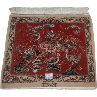 Elegant handcrafted carpet with avian and botanical motifs, crafted from silk and wool, dimensions 102 cm x 85 cm
