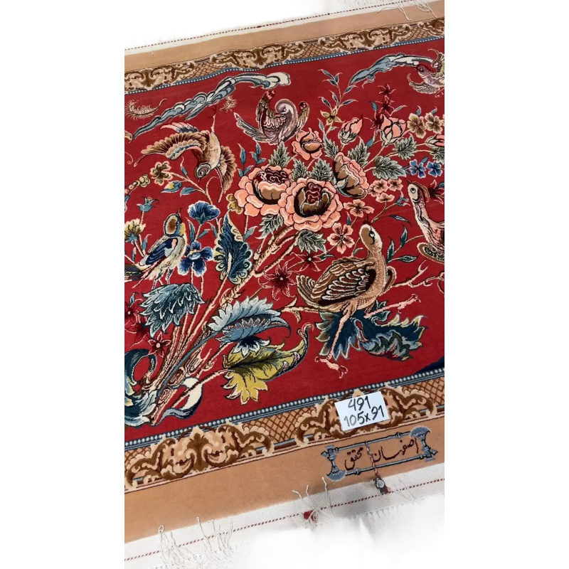 Premium red-hued carpet adorned with bird illustrations and flower patterns, measuring 102 cm by 85 cm