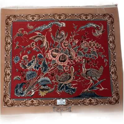 Elegant handcrafted carpet with avian and botanical motifs, crafted from silk and wool, dimensions 102 cm x 85 cm