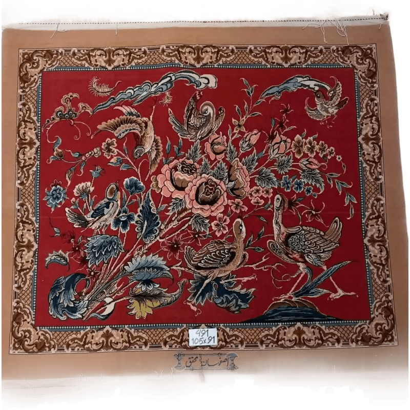 Elegant handcrafted carpet with avian and botanical motifs, crafted from silk and wool, dimensions 102 cm x 85 cm
