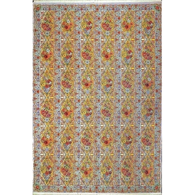 "Authentic hand-knotted Persian rug in Isfahan design with silk and wool pile, 350 cm x 250 cm."
