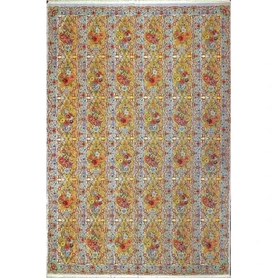 "Authentic hand-knotted Persian rug in Isfahan design with silk and wool pile, 350 cm x 250 cm."
