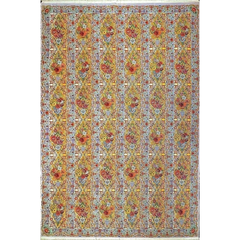 "Authentic hand-knotted Persian rug in Isfahan design with silk and wool pile, 350 cm x 250 cm."