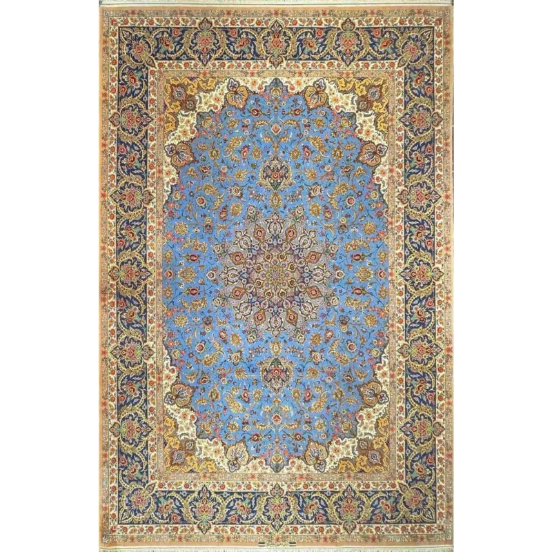 "Hand-Knotted Isfahan Sheikh Bahaie Rug, 350x250 cm, Silk and Wool Blend"