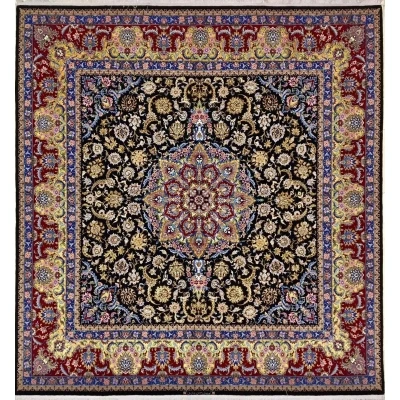 "Handmade square Persian Isfahan rug by Davarie, measuring 259 cm x 250 cm. This luxurious wool and silk rug features intricate designs and adds elegance to any room."

