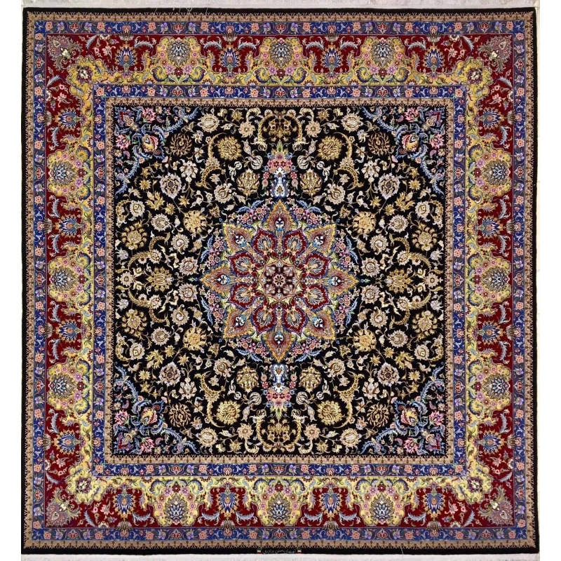 "Handmade square Persian Isfahan rug by Davarie, measuring 259 cm x 250 cm. This luxurious wool and silk rug features intricate designs and adds elegance to any room."