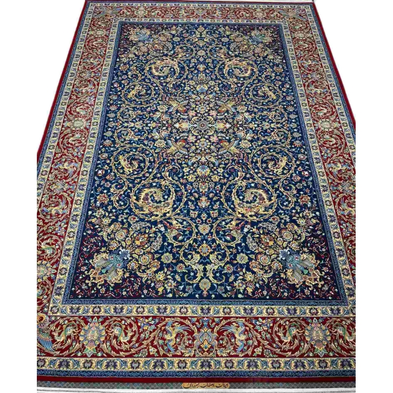 Hand Knotted Persian Rug – A stunning large area rug featuring an intricate Isfahan design, hand-knotted with wool and silk, perfect for elegant interiors.