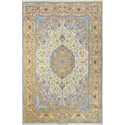 "Colorful hand-knotted Persian rug from Isfahan with wool and silk."
