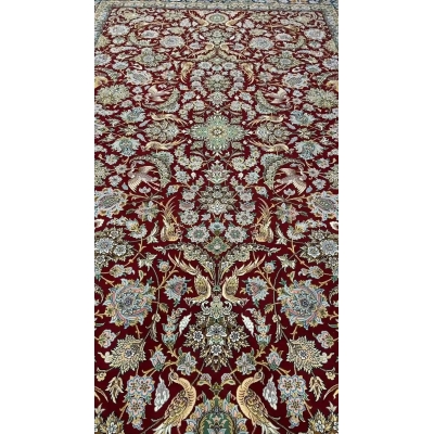 Large Persian rug featuring red and blue natural dyed colors, 305x205 cm