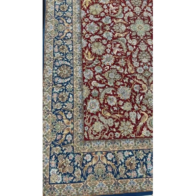 Isfahan handmade Persian rug with silk and wool, red and blue tones