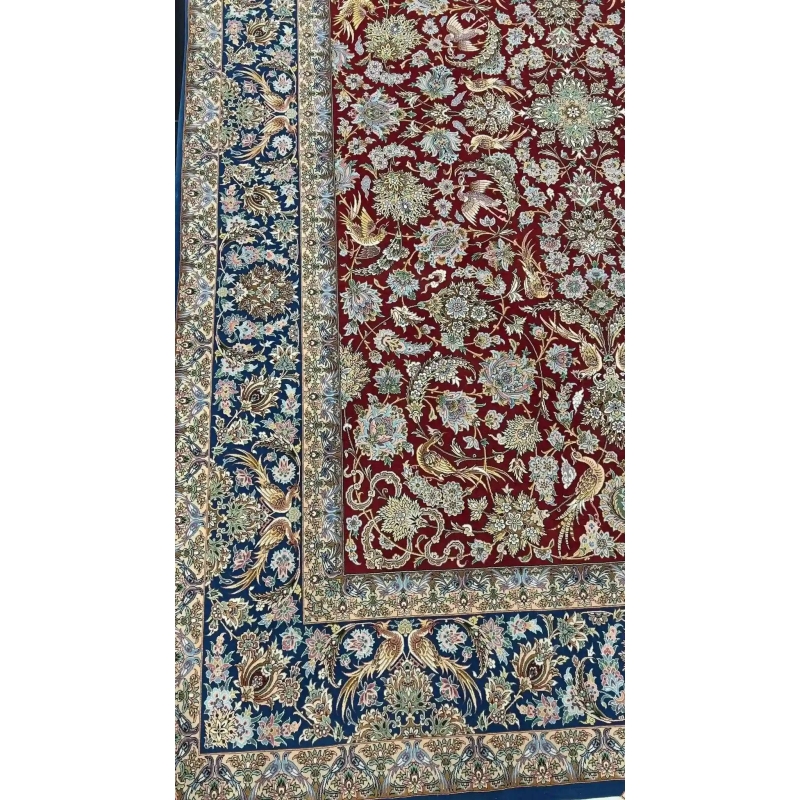 Isfahan handmade Persian rug with silk and wool, red and blue tones
