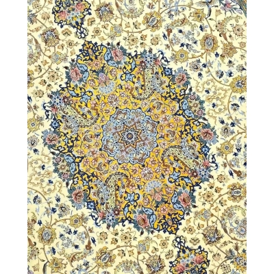 "Persian rug from Isfahan featuring a light and colorful design, hand-knotted with silk and wool."