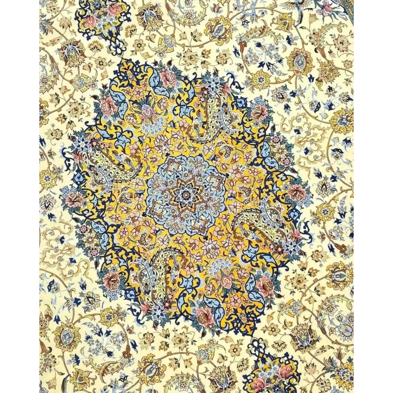 "Persian rug from Isfahan featuring a light and colorful design, hand-knotted with silk and wool."