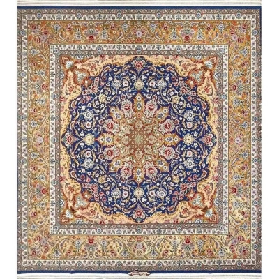 "Hand-knotted Persian Isfahan rug, 250 cm x 250 cm (8.2 feet), made with wool and silk, featuring intricate floral designs. Perfect for home or office décor."

