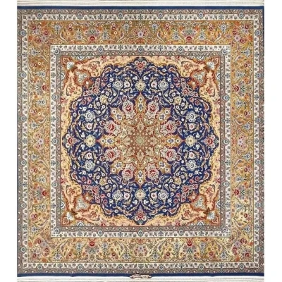 "Hand-knotted Persian Isfahan rug, 250 cm x 250 cm (8.2 feet), made with wool and silk, featuring intricate floral designs. Perfect for home or office décor."

