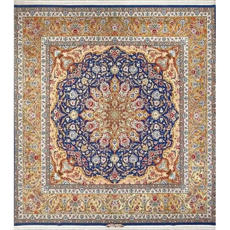 "Hand-knotted Persian Isfahan rug, 250 cm x 250 cm (8.2 feet), made with wool and silk, featuring intricate floral designs. Perfect for home or office décor."
