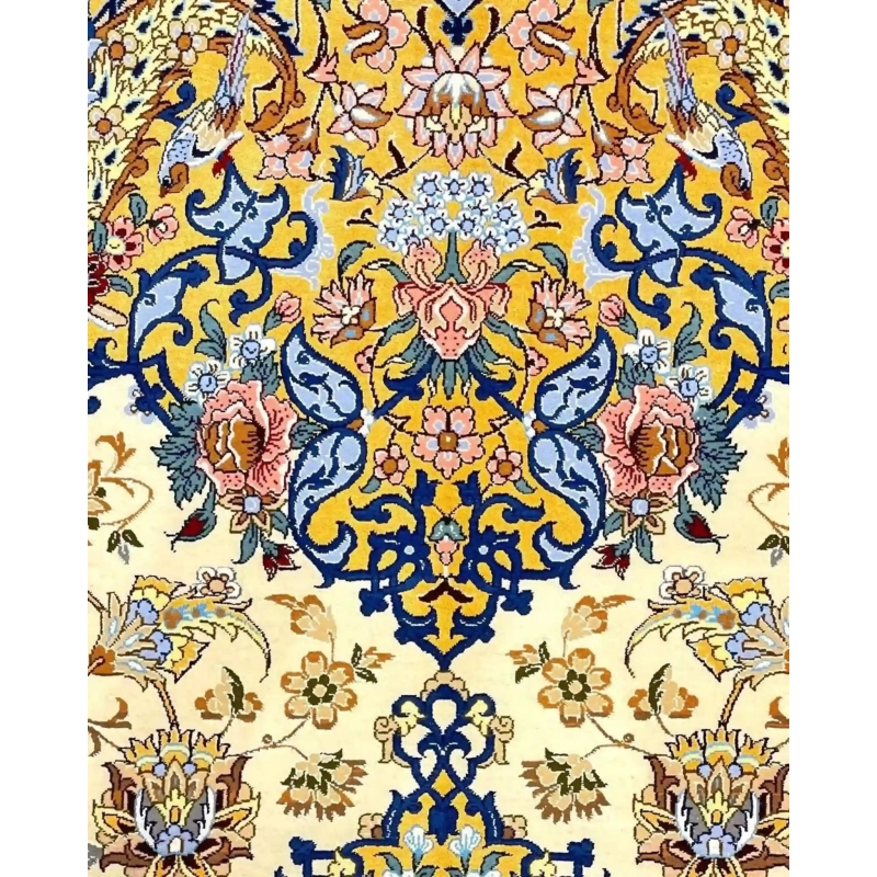 "Detailed Persian wool and silk rug for sale, handcrafted in Isfahan."
