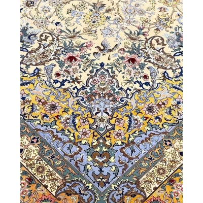 "Unique Persian wool and silk rug, hand-knotted with intricate patterns in Isfahan."