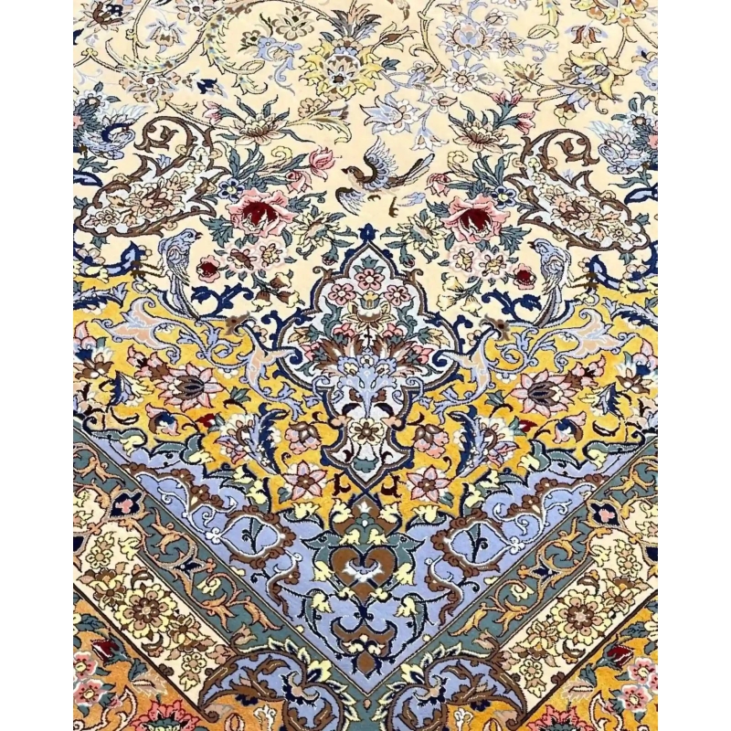 "Unique Persian wool and silk rug, hand-knotted with intricate patterns in Isfahan."