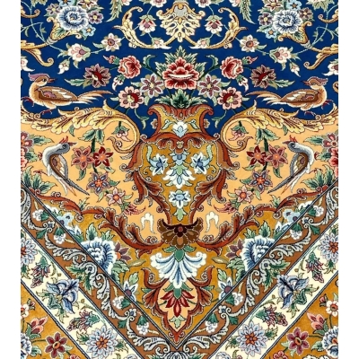 "Intricate Persian Isfahan rug, 250 cm x 250 cm, featuring silk borders and a wool pile. Handmade by Akhtarian in Iran with a high knot density for durability and beauty."