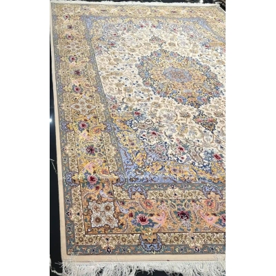 "Hand-knotted Persian rug with silk and wool blend, crafted by Karbasi Zadeh in Isfahan."