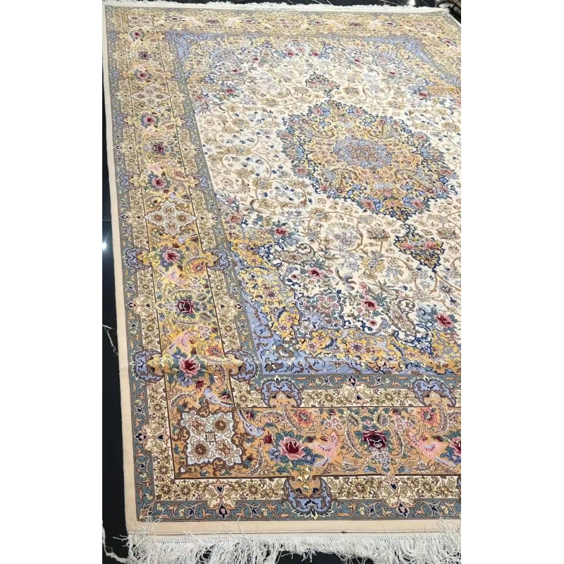 "Hand-knotted Persian rug with silk and wool blend, crafted by Karbasi Zadeh in Isfahan."
