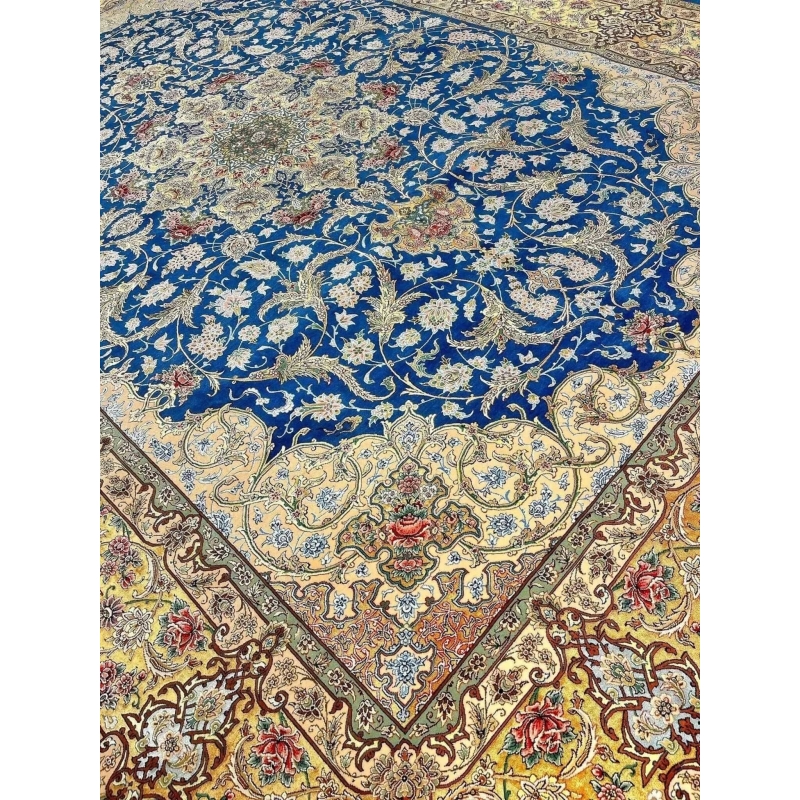 "Persian silk and wool rug, handmade in Isfahan, offering soft texture and intricate design."