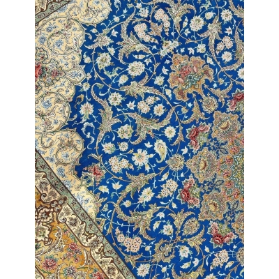 "Exquisite hand-knotted Isfahan rug, 11.5 x 8.2 feet, crafted from silk and wool with fine details."