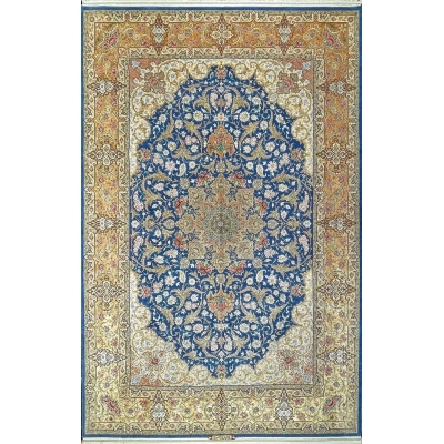 "Hand-knotted Isfahan Persian rug, made from silk and wool, featuring traditional luxury design."
