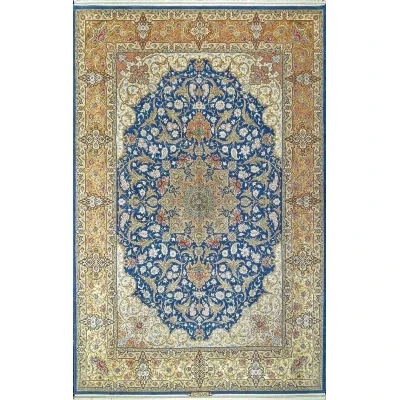 "Hand-knotted Isfahan Persian rug, made from silk and wool, featuring traditional luxury design."
