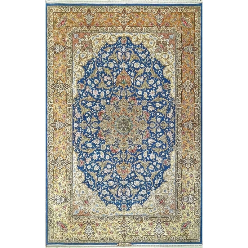 "Hand-knotted Isfahan Persian rug, made from silk and wool, featuring traditional luxury design."