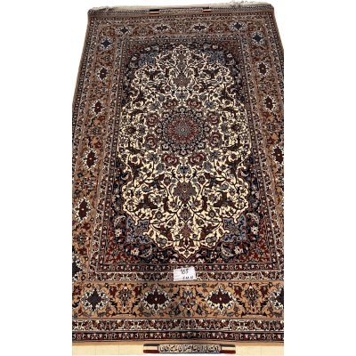"Hand-knotted Seirafian Persian rug with intricate floral medallion design, crafted from wool and silk in Isfahan, Iran."