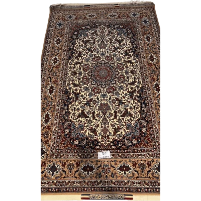 "Hand-knotted Seirafian Persian rug with intricate floral medallion design, crafted from wool and silk in Isfahan, Iran."
