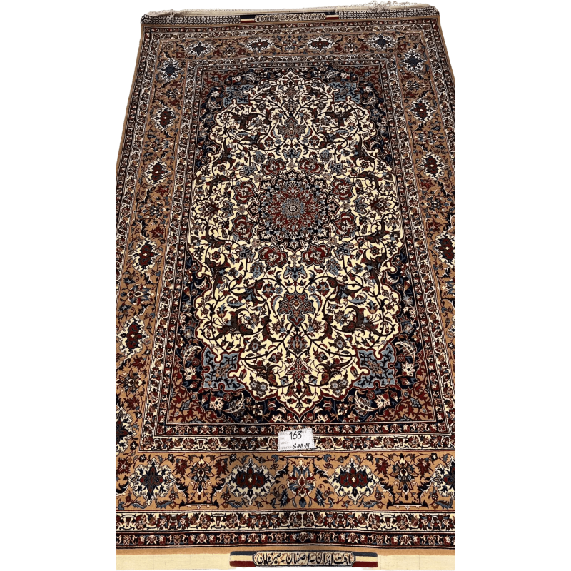 "Hand-knotted Seirafian Persian rug with intricate floral medallion design, crafted from wool and silk in Isfahan, Iran."