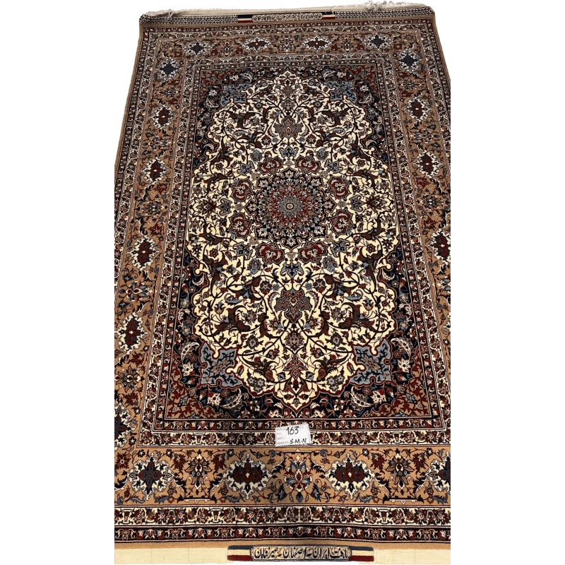 "Hand-knotted Seirafian Persian rug with intricate floral medallion design, crafted from wool and silk in Isfahan, Iran."