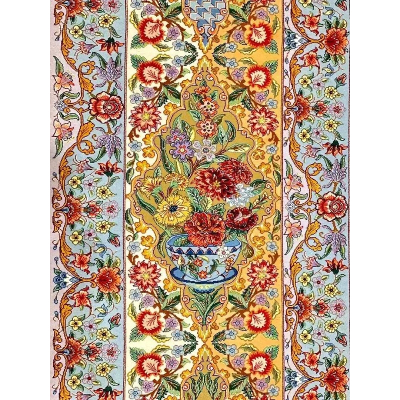 "Luxury Isfahan Iranian carpet with intricate floral patterns, handmade with silk warp and wool pile."