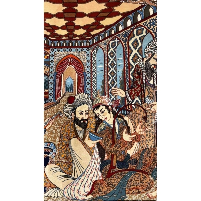 "Close-up of decorative motifs on the Seirafian Persian rug, made by Master Bagher Seirafian."