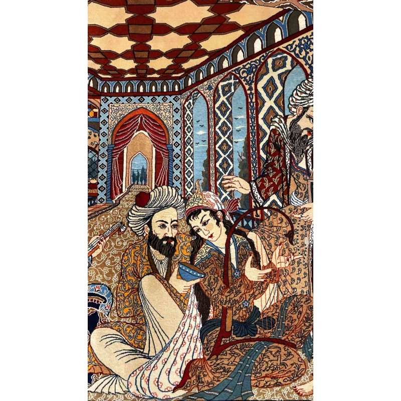 "Close-up of decorative motifs on the Seirafian Persian rug, made by Master Bagher Seirafian."
