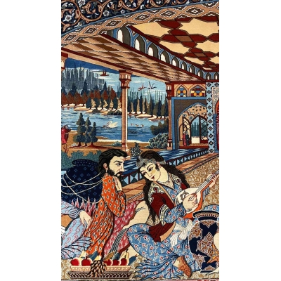 "Elegant Seirafian rug with a mix of wool and silk, displaying a detailed narrative artwork in the design."