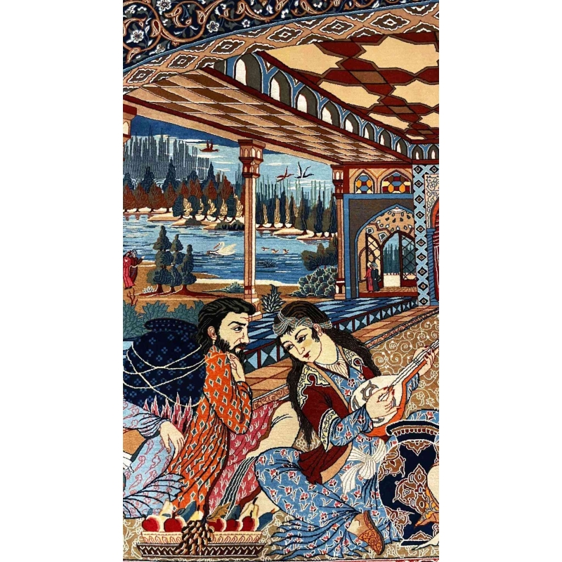 "Elegant Seirafian rug with a mix of wool and silk, displaying a detailed narrative artwork in the design."