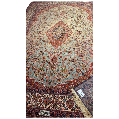"Antique Persian Kashan rug, hand-knotted by Safarzadeh in silk and wool with intricate floral design"