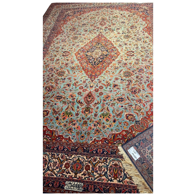 "Antique Persian Kashan rug, hand-knotted by Safarzadeh in silk and wool with intricate floral design"