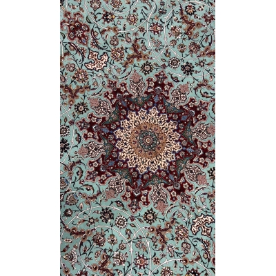 "Detailed view of Seirafian Persian rug by Master Mahmmoud and Mohammad Reza, showcasing intricate hand-knotted craftsmanship"