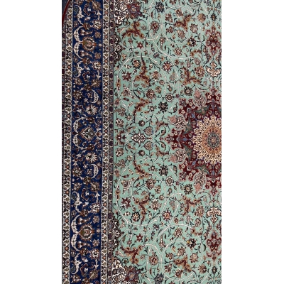 "Isfahan Persian rug by Seirafian family weavers, showcasing pure silk warp"