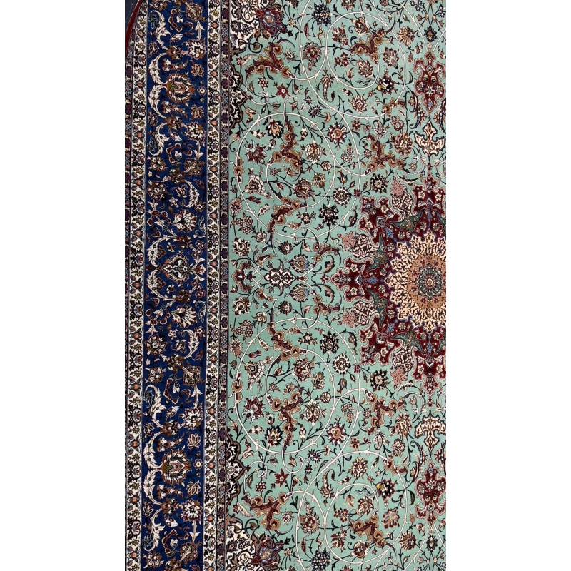 "Isfahan Persian rug by Seirafian family weavers, showcasing pure silk warp"