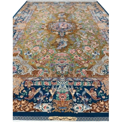 "Golden silk Persian rug hand-knotted by Mirzaie in Iran."