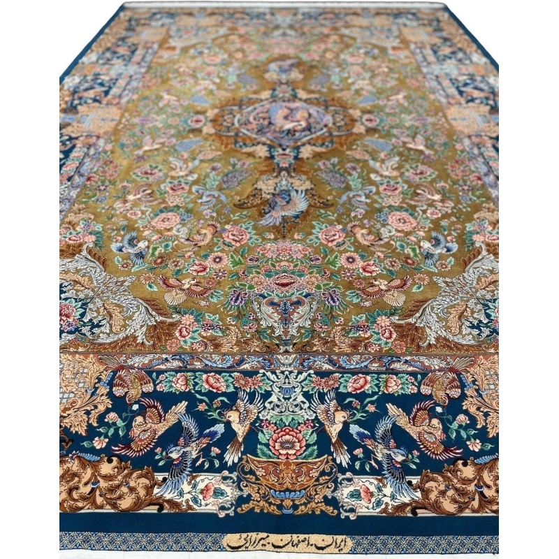 "Golden silk Persian rug hand-knotted by Mirzaie in Iran."